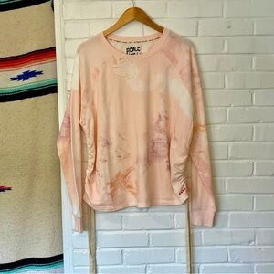 Peace Love World Sweatshirt Women’s Size Large Pale Pink & Peach Ties on Side